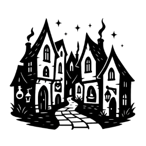 Dunkle, stilisierte Häuser mit Schornsteinen und Gehweg in einem geheimnisvollen Setting.